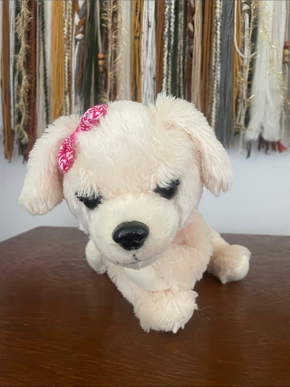 Plush Cream Dog Toy with Pink Bow - Barbie puppy